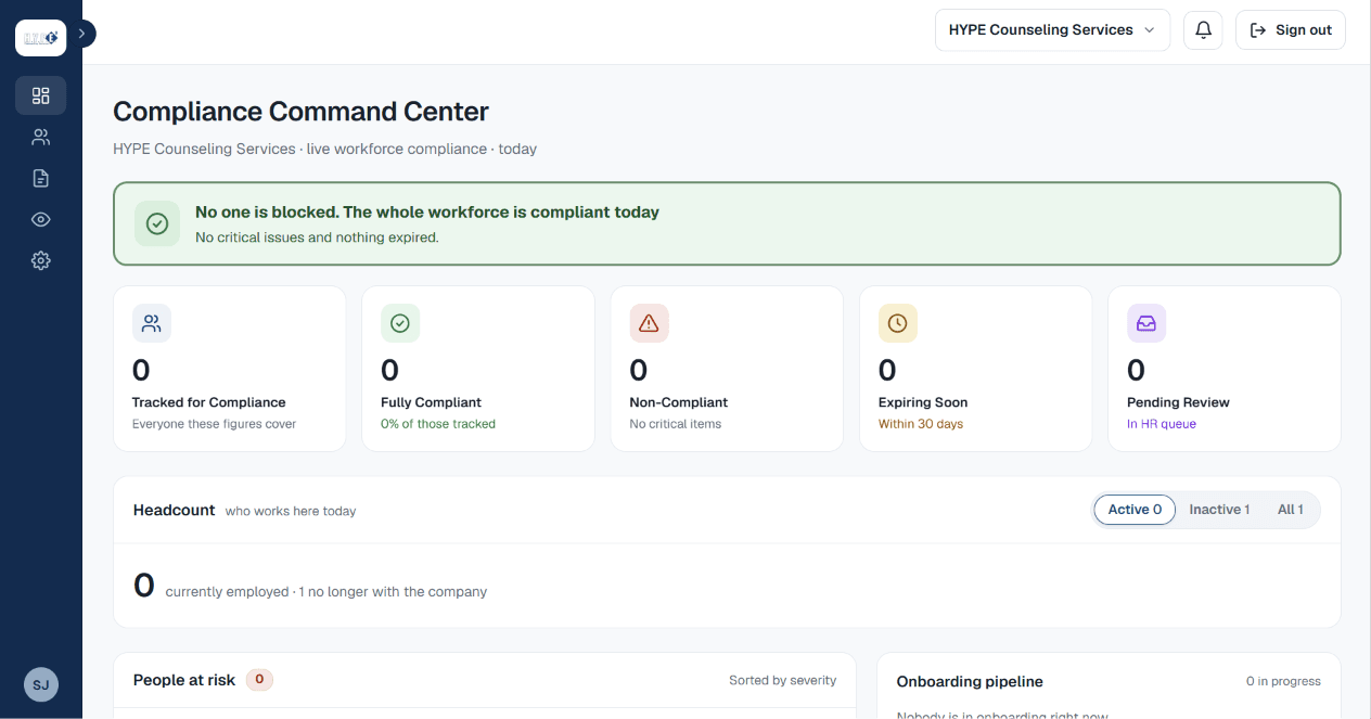 HYPE Counseling Services compliance command center dashboard