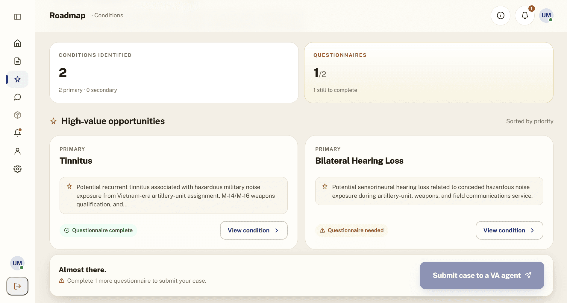 VA Claims Made Easy dashboard showing case status and claim progress