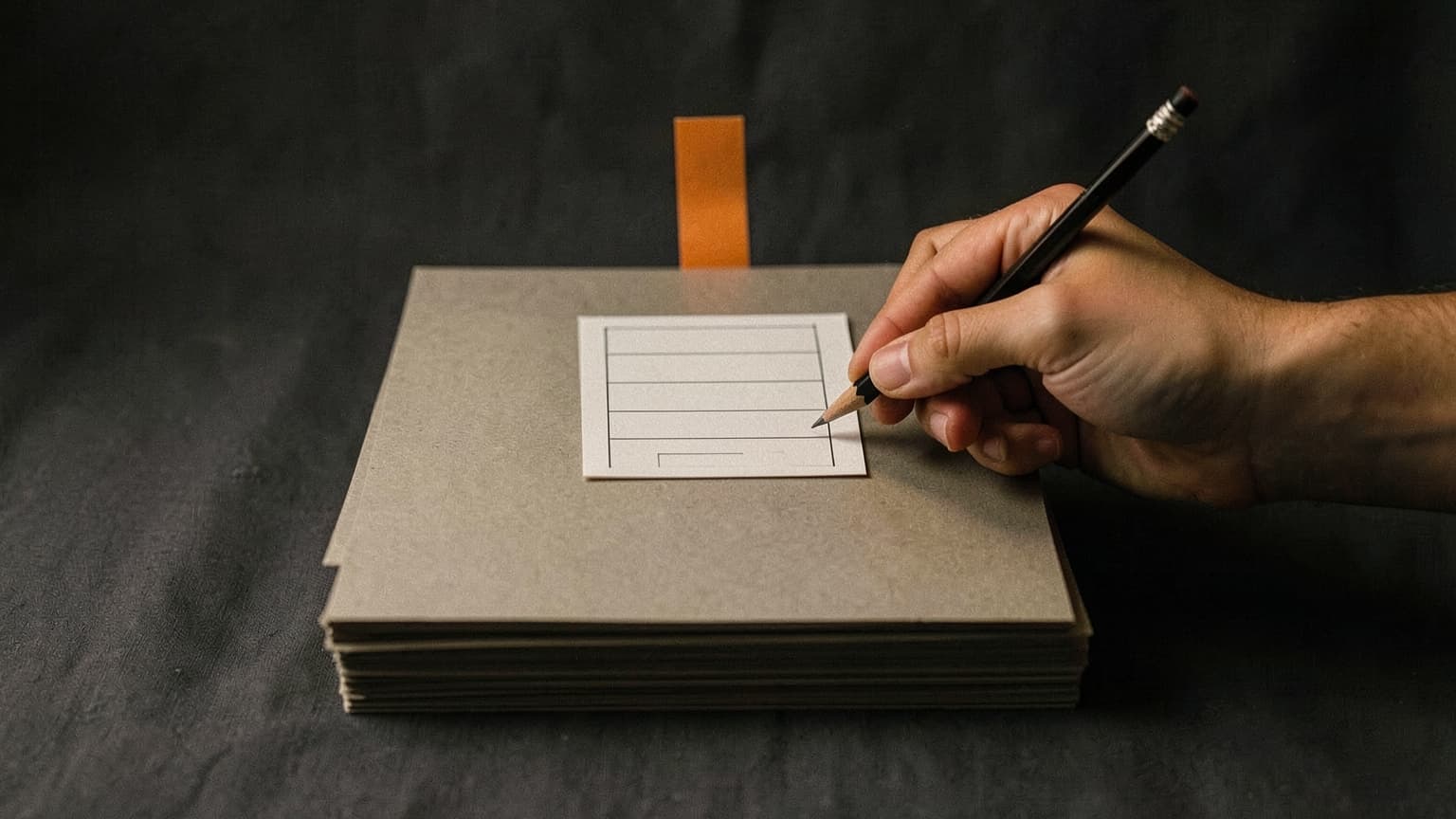 A hand holding a pencil over a checklist with one item unticked, beside a tall stack of printed pages with one orange tab