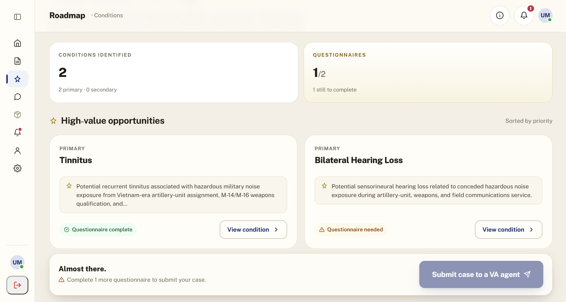 VA Claims Made Easy dashboard, showing case status and claim progress
